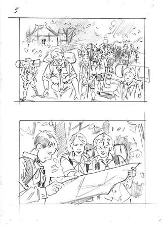 Children hiking outdoors and looking at map, illustration by Henryk Zimak