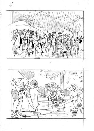 Two sketches by Henryk Zimak showing children in rain and by a stream