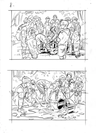 Children gathered and cleaning with bucket in black and white sketches