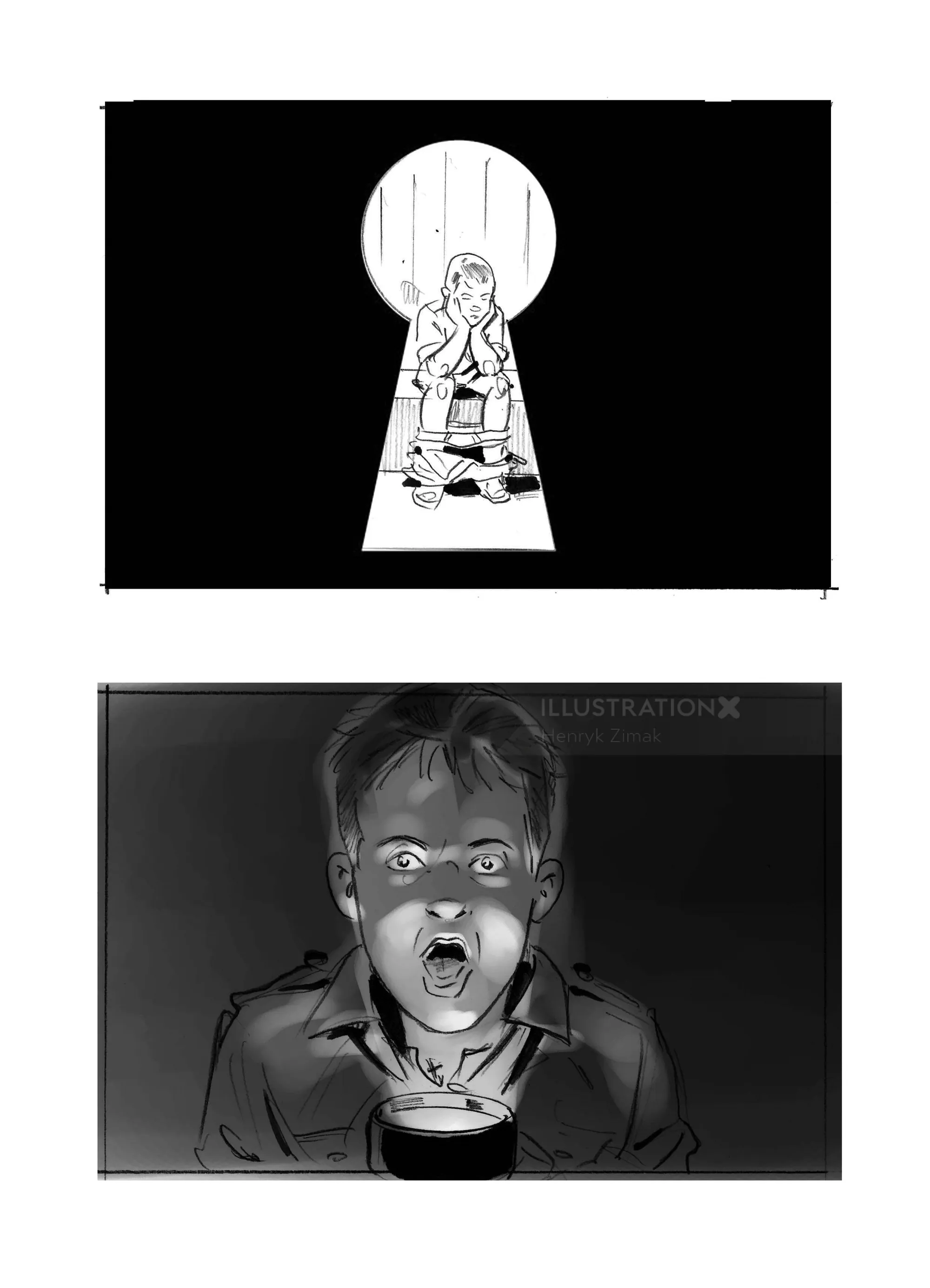 Illustrations showing a person behind a keyhole and another shocked face close-up