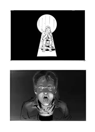 Illustrations showing a person behind a keyhole and another shocked face close-up