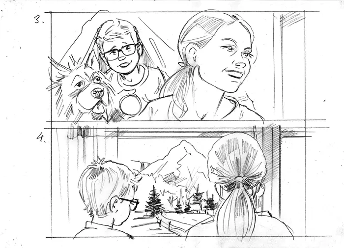 Sketch of two scenes with people, a dog, and mountain landscape.