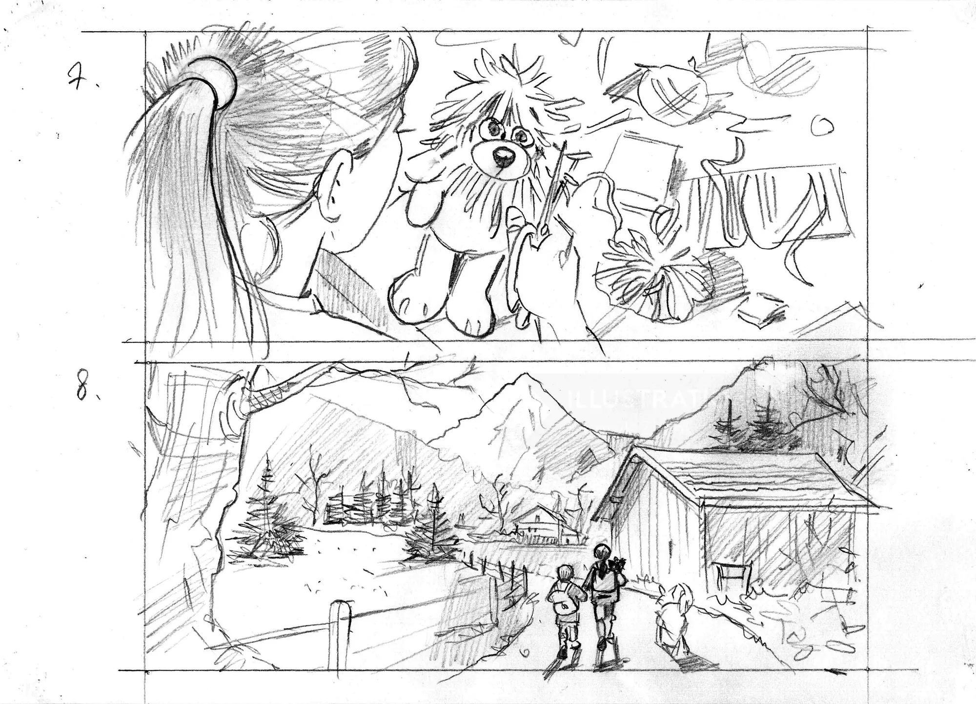 Girl holding a dog and mountain farm with children and animals in pencil sketch