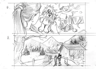 Girl holding a dog and mountain farm with children and animals in pencil sketch