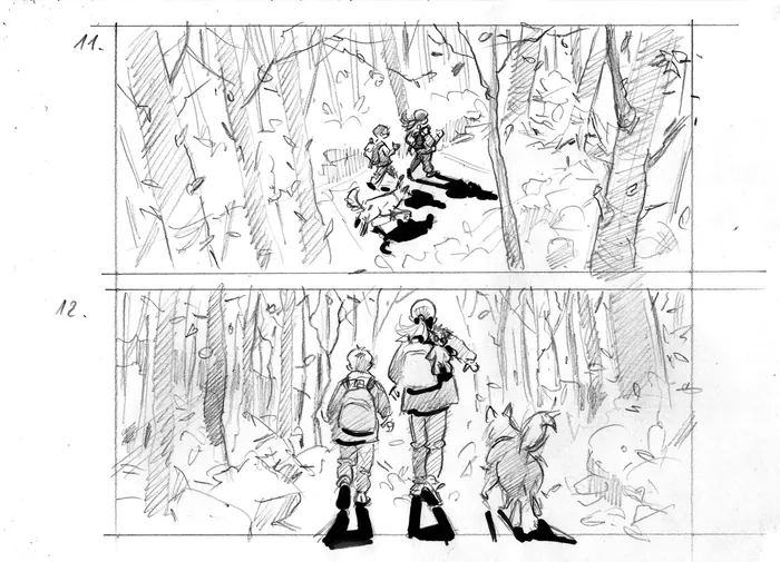 Sketches of people walking dogs through a dense forest