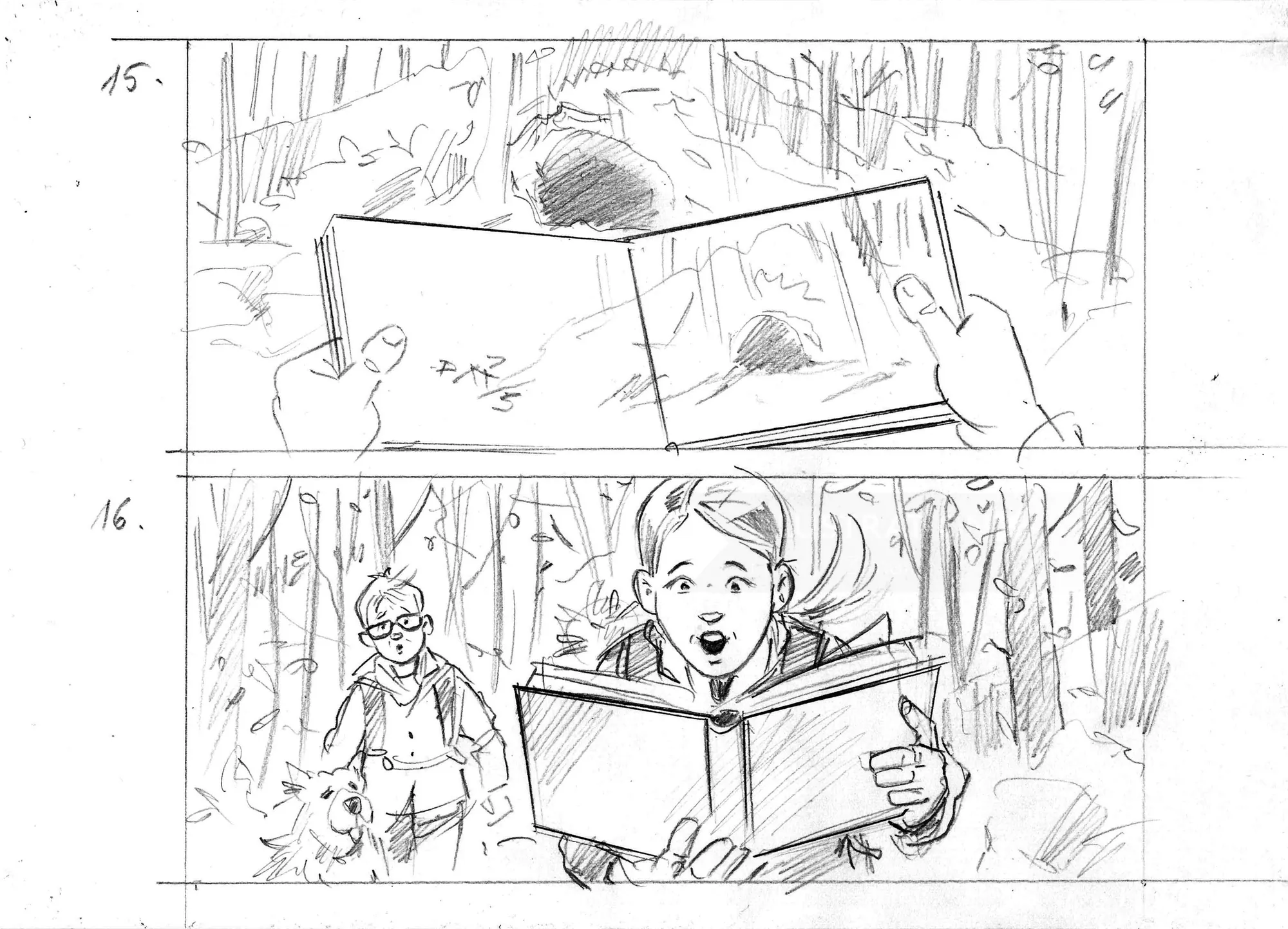 Storyboard sketches of person reading book in a forest setting.
