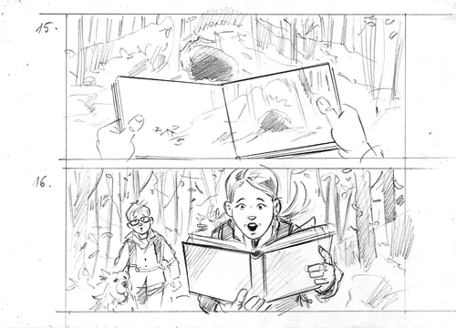 Storyboard sketches of person reading book in a forest setting.