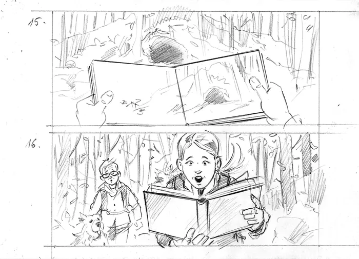 Storyboard sketches of person reading book in a forest setting.