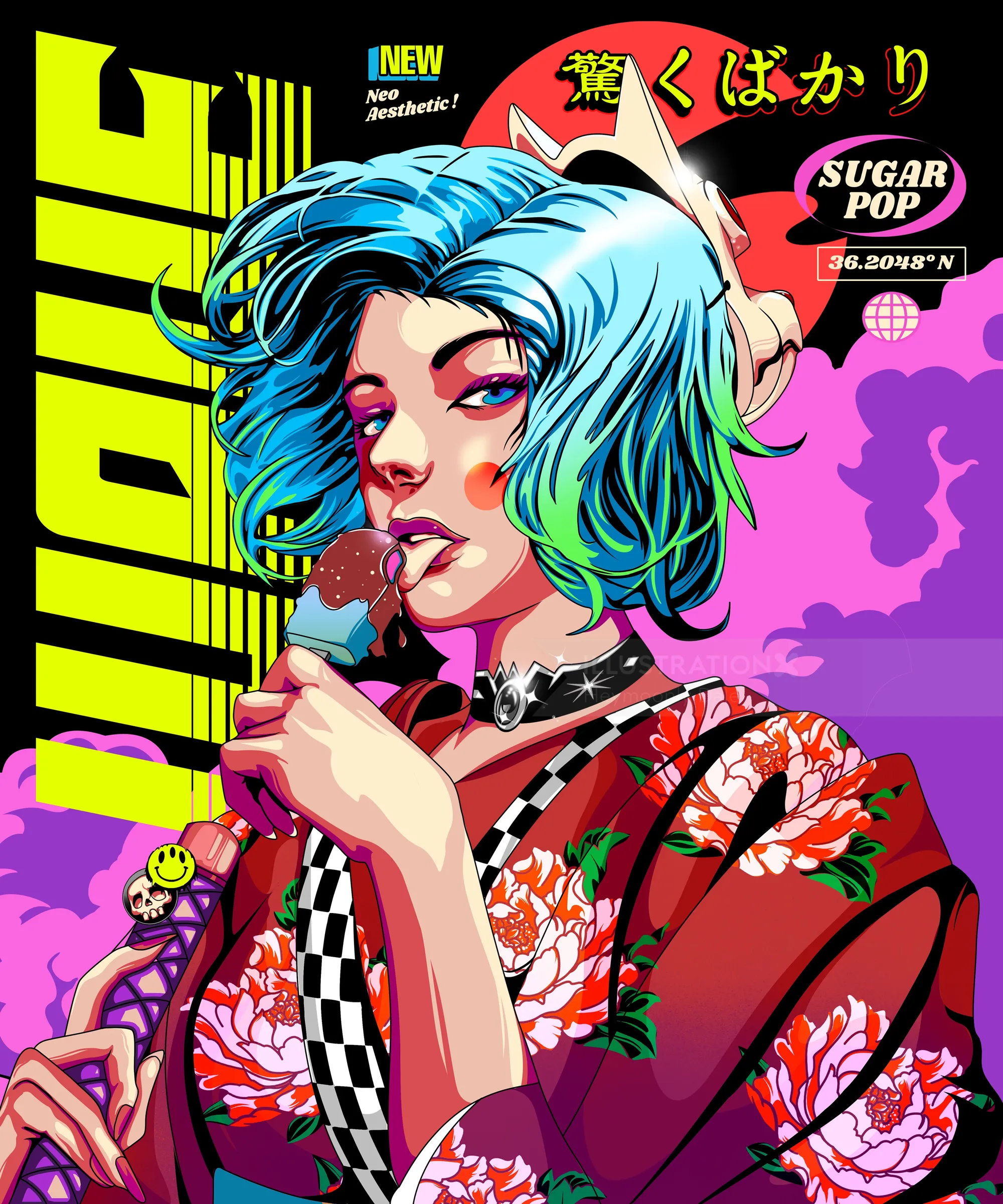 80s City Pop fashion meets traditional Japanese Geisha design