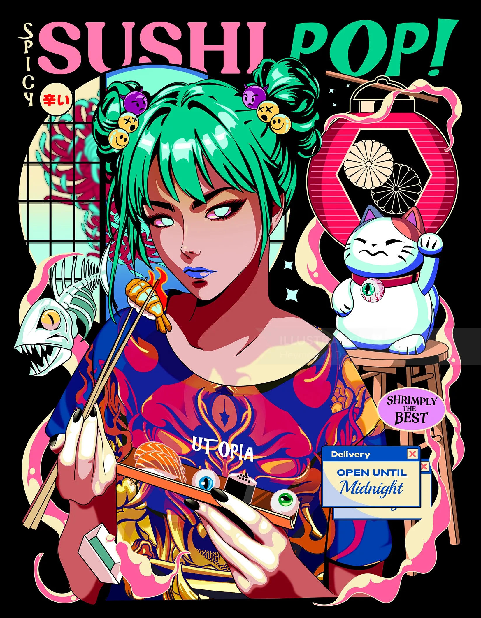 Playful pop illustrations of Japanese street food