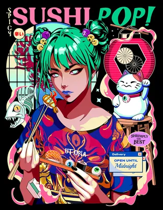 Playful pop illustrations of Japanese street food