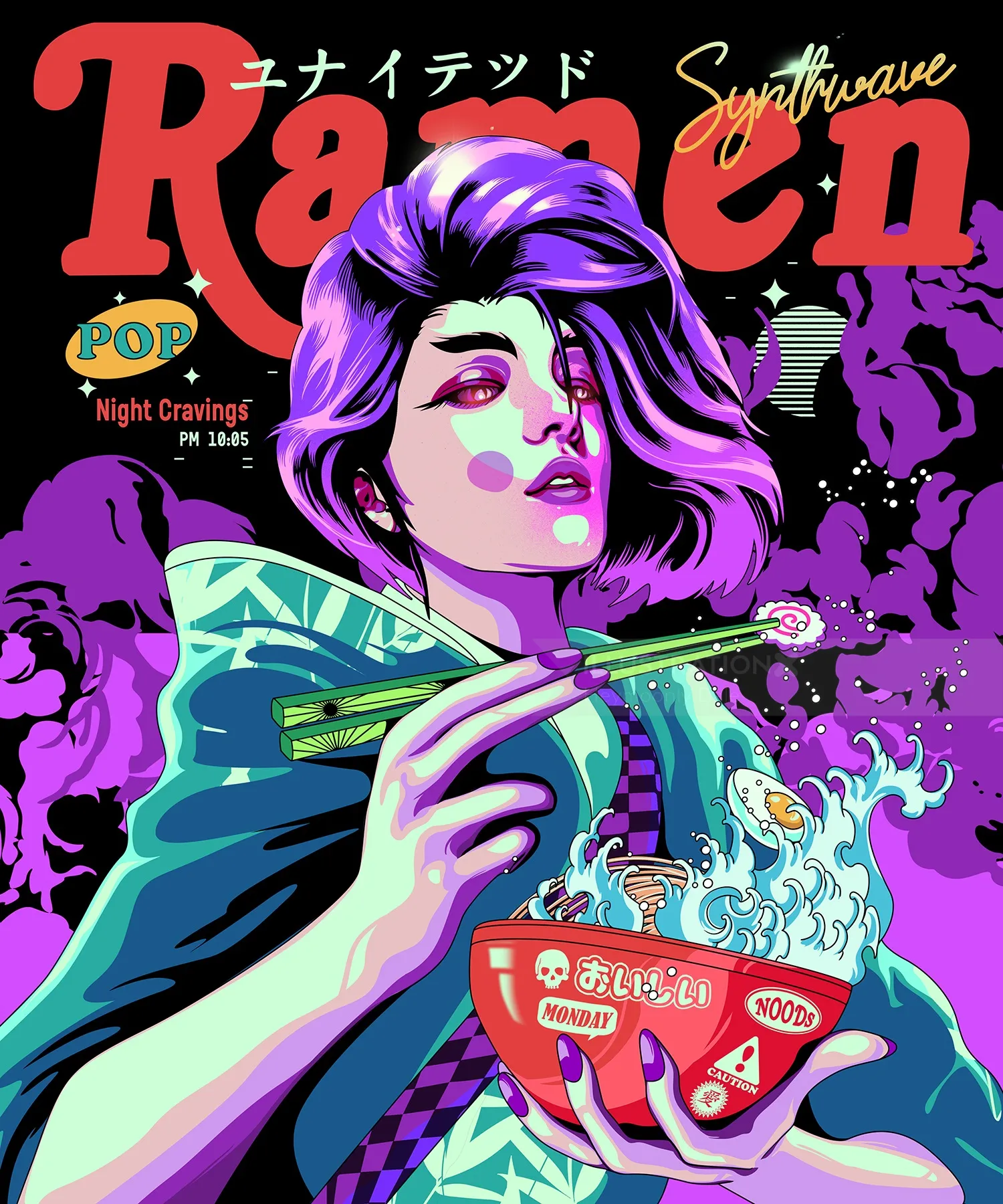 Ramen lover artwork in 80s-inspired Vaporwave style