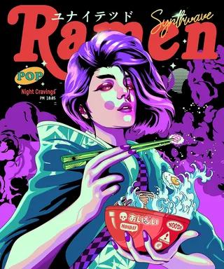 Ramen lover artwork in 80s-inspired Vaporwave style