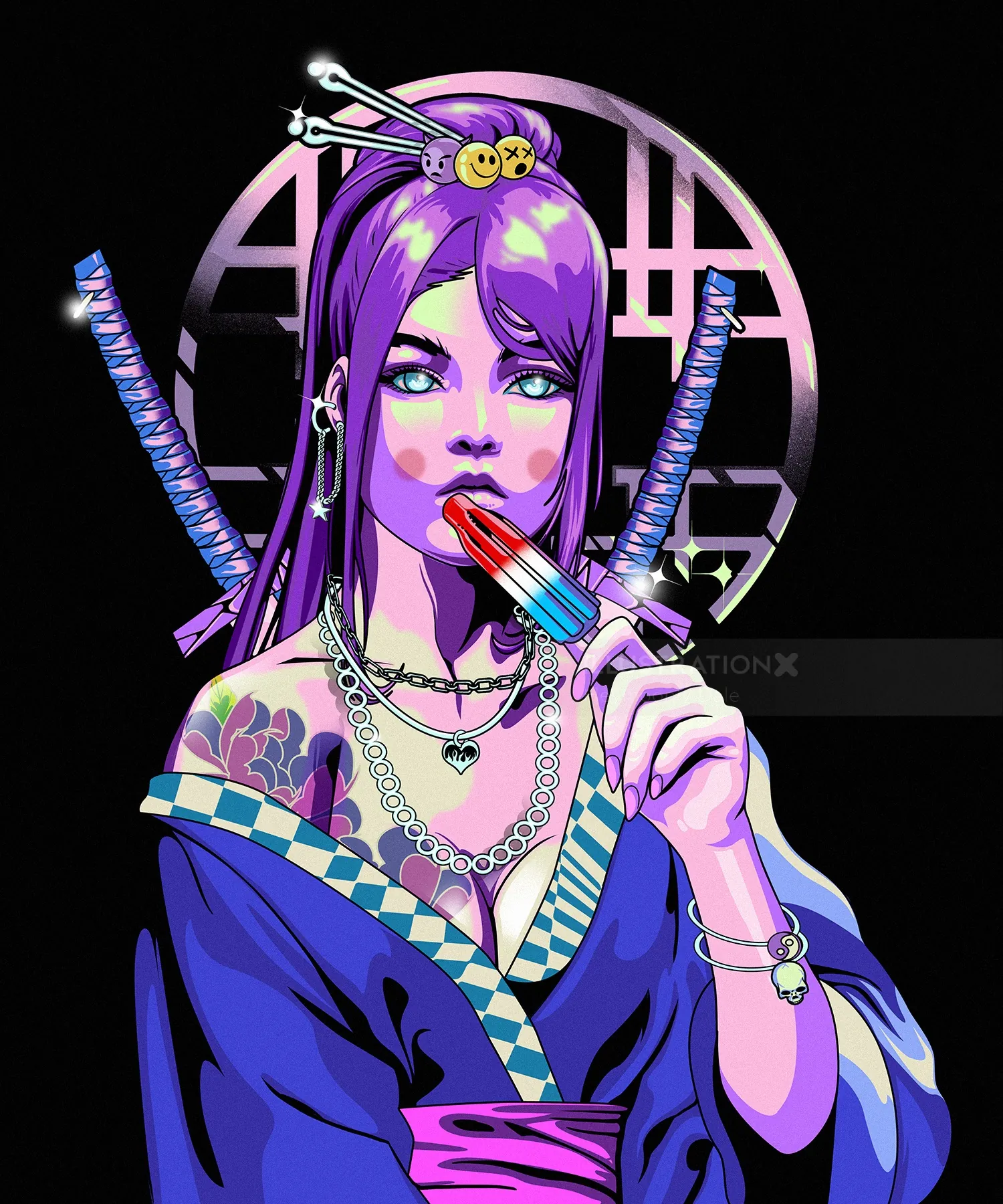 Pop art geisha with purple hair eating a popsicle, two swords behind
