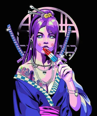 Pop art geisha with purple hair eating a popsicle, two swords behind
