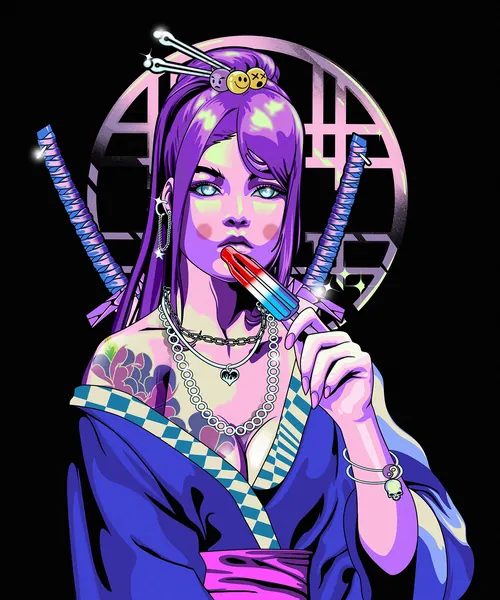 Pop art geisha with purple hair eating a popsicle, two swords behind
