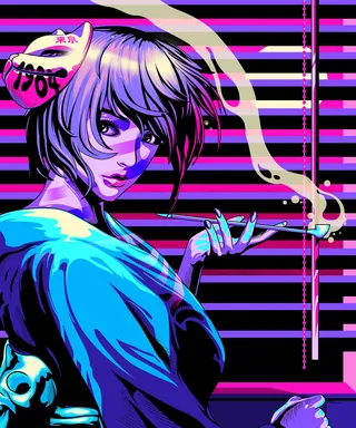 Vaporwave style geisha with neon colors holding a smoking pipe