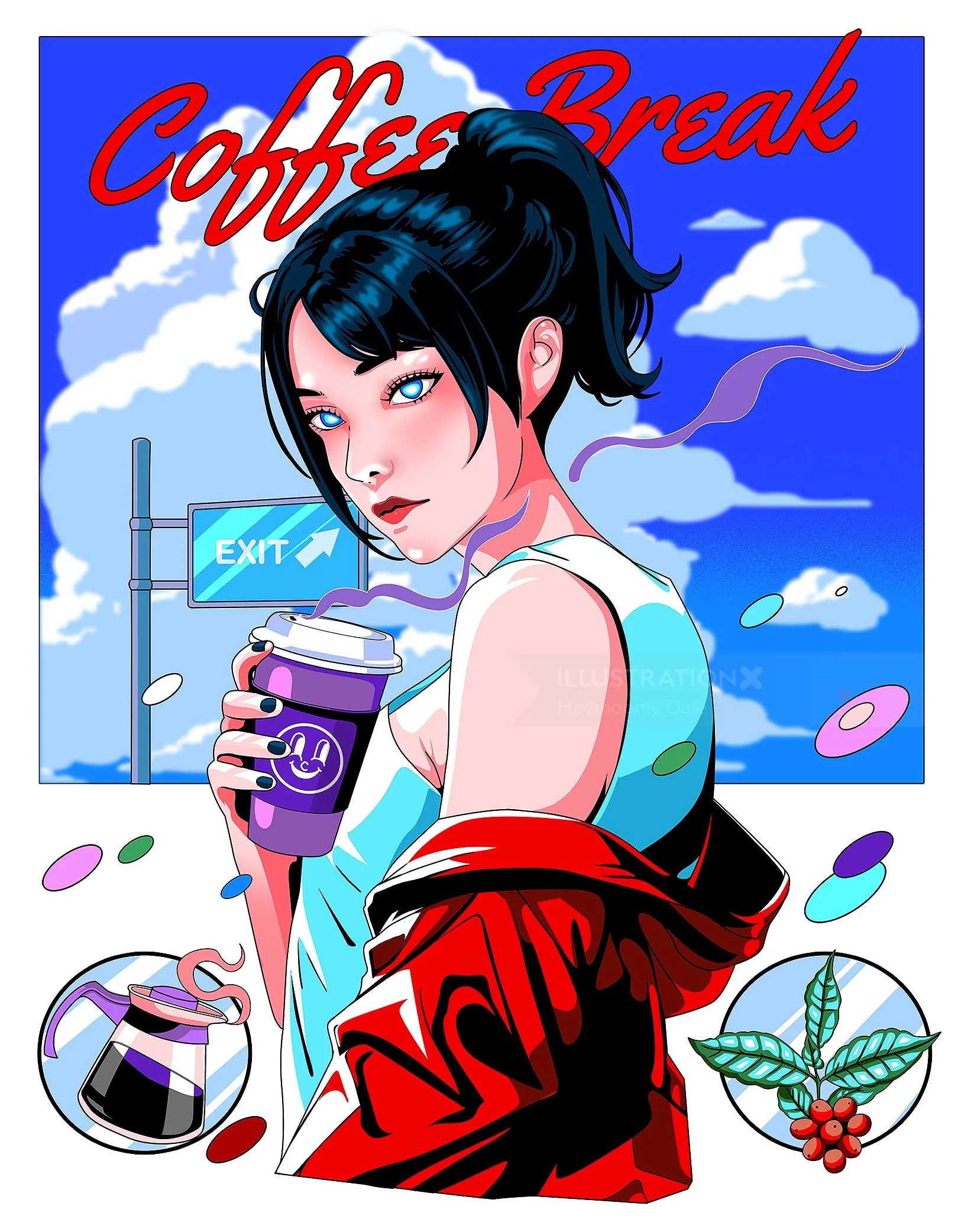 Pop art woman with coffee cup near exit sign under blue sky