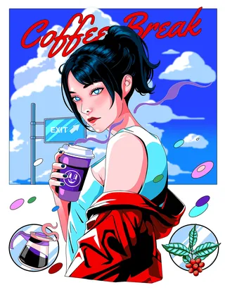 Pop art woman with coffee cup near exit sign under blue sky