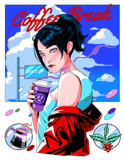 Pop art woman with coffee cup near exit sign under blue sky