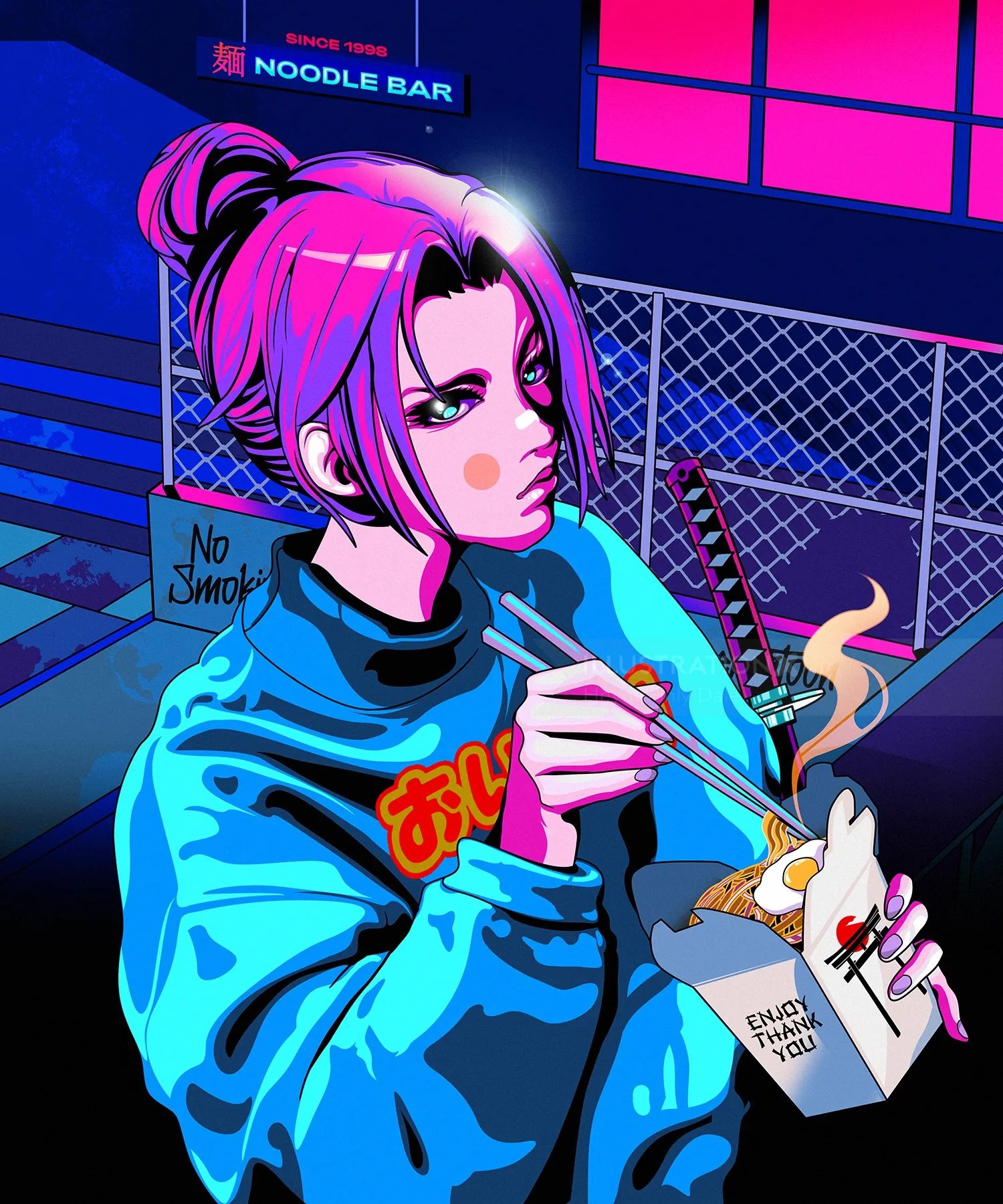 Young person eating noodles in vibrant Japanese city pop style