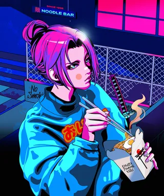 Young person eating noodles in vibrant Japanese city pop style