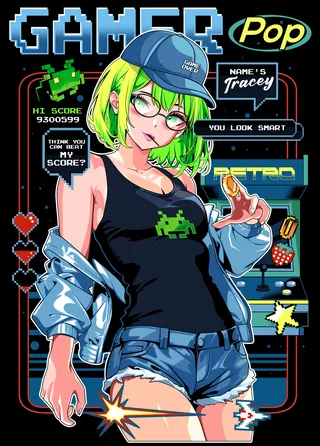 T-shirt design featuring Pop Anime gamer character