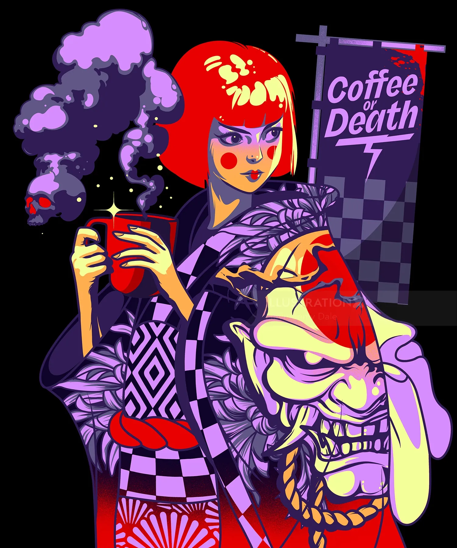 Pop art geisha holding steaming coffee cup with fierce mask and sign