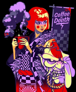 Pop art geisha holding steaming coffee cup with fierce mask and sign