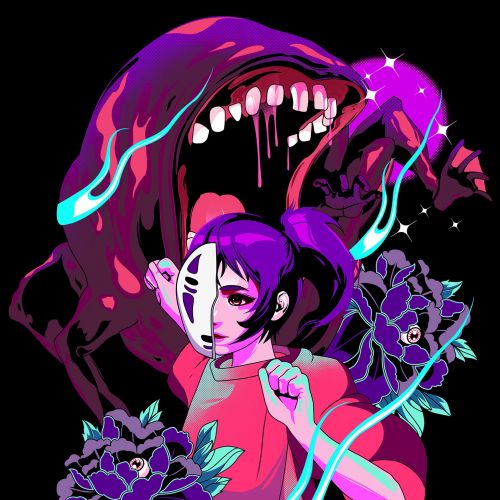Chihiro from Spirited Away in Vaporwave fan art style