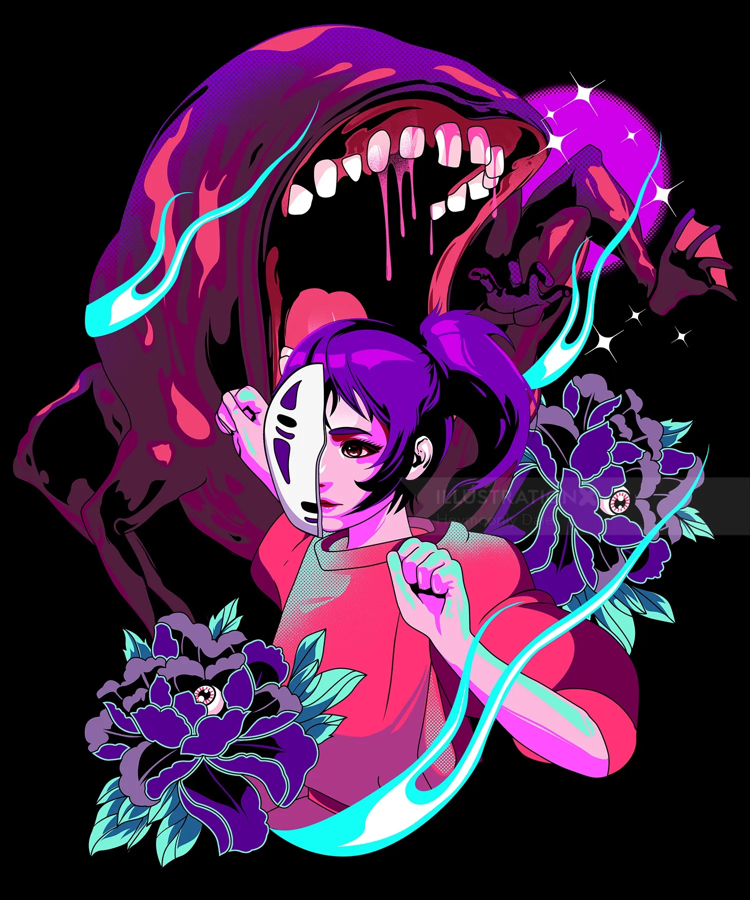 Chihiro from Spirited Away in Vaporwave fan art style