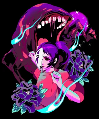 Chihiro from Spirited Away in Vaporwave fan art style