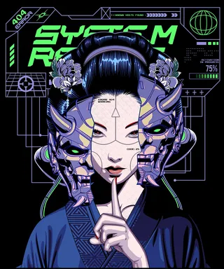 Fantasy illustration of a cybernetic Geisha