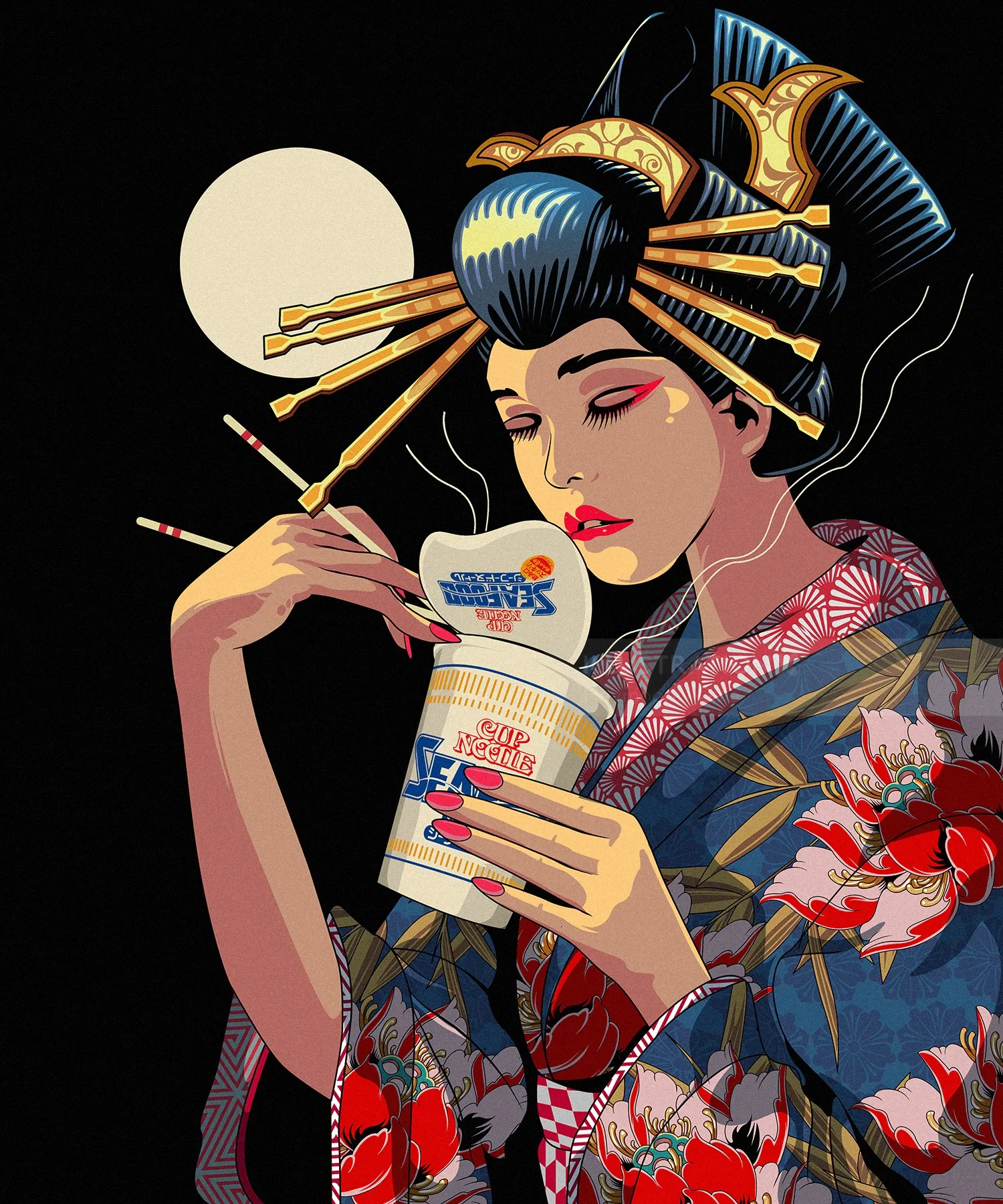 Geisha character enjoying instant noodles