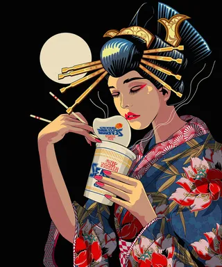 Geisha character enjoying instant noodles