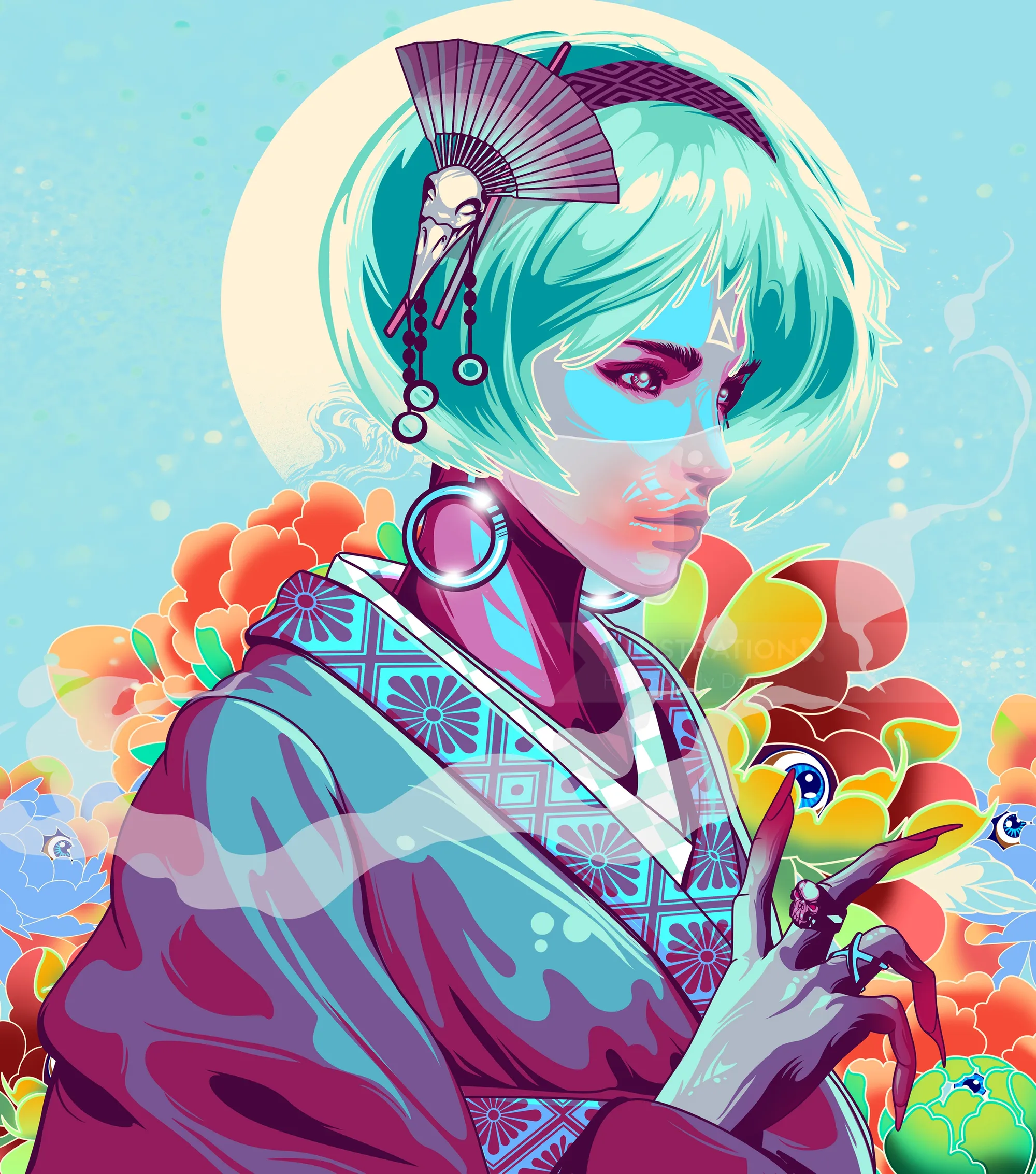Cyberpunk Geisha with glowing tattoos