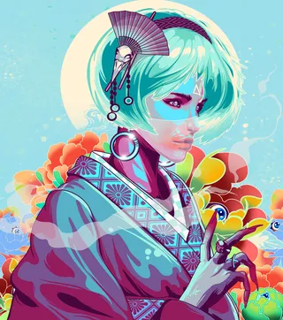 Cyberpunk Geisha with glowing tattoos