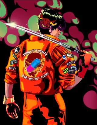 Character in orange jacket holding sword with red demon mask