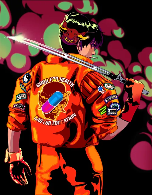 Character in orange jacket holding sword with red demon mask