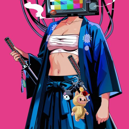 Character with TV head wearing traditional outfit and holding sword