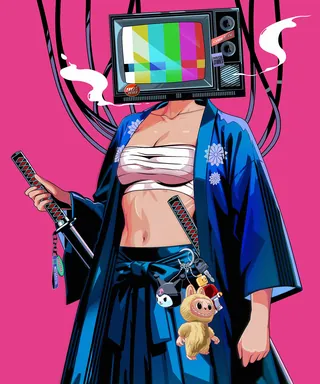 Character with TV head wearing traditional outfit and holding sword
