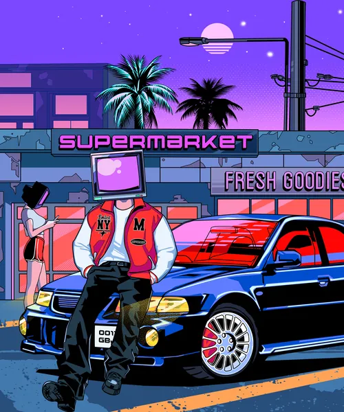 Person with TV head leaning on car in retro neon city at night