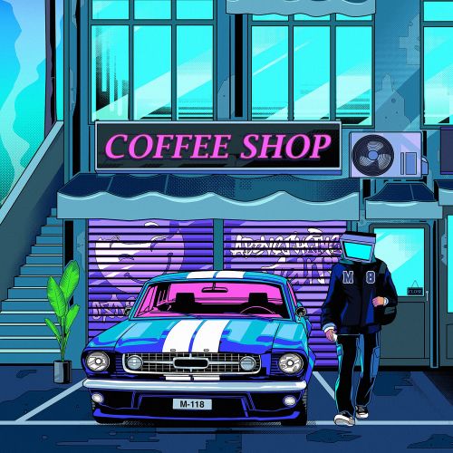 Retro coffee shop with classic car and person in futuristic outfit