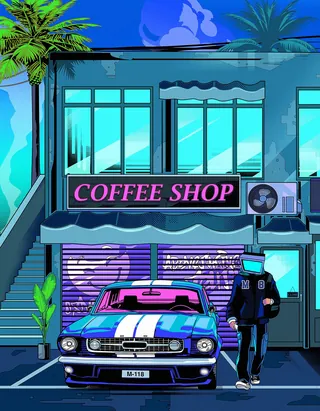 Retro coffee shop with classic car and person in futuristic outfit