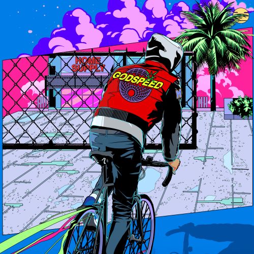 Person biking at night wearing a red Godspeed jacket near palm trees
