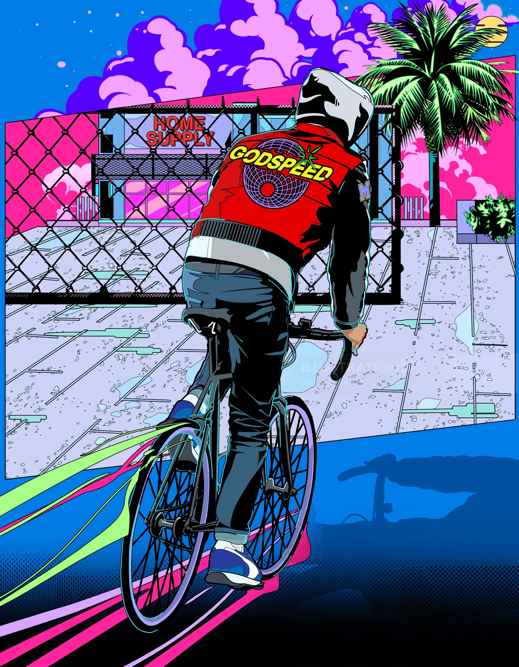 Person biking at night wearing a red Godspeed jacket near palm trees