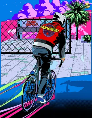 Person biking at night wearing a red Godspeed jacket near palm trees