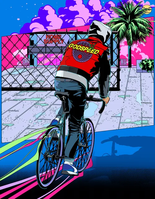 Person biking at night wearing a red Godspeed jacket near palm trees