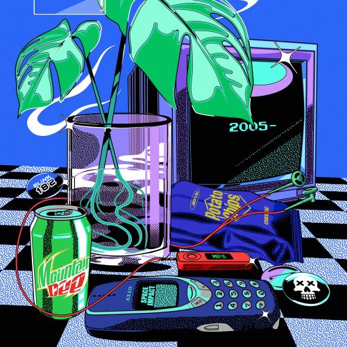 2005 tech nostalgia with vintage gadgets and Mountain Dew soda can