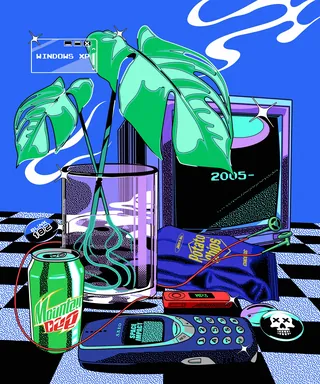 2005 tech nostalgia with vintage gadgets and Mountain Dew soda can